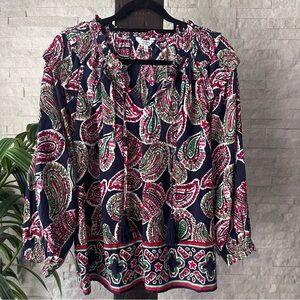 Crown and Ivy Paisley Navy Pink Green Boho Yoked Peasant Oversized Top Size